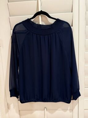 Ann Taylor Factory Navy Blue Chiffon Smocked Neck Long Sleeve Blouse - Size XS